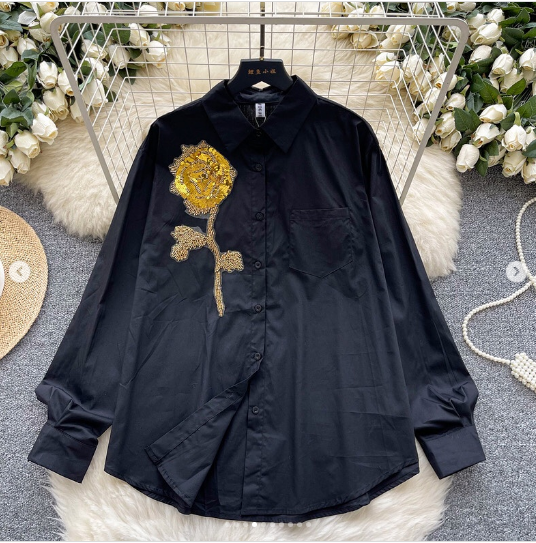 Women's European Chic Streetwear Shirt Sequins 3D Floral
